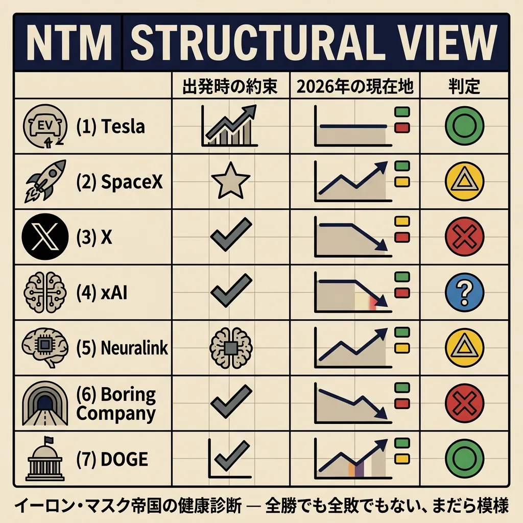 Elon帝国の7事業×3評価（約束/現在/判定）の採点マトリクス