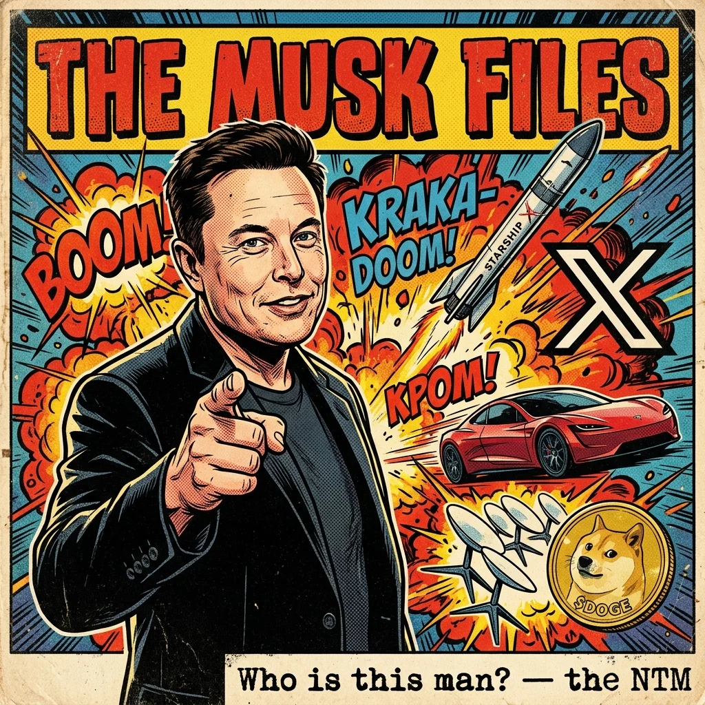THE MUSK FILES — イーロン・マスクの全事業を詰め込んだアメコミ風イラスト