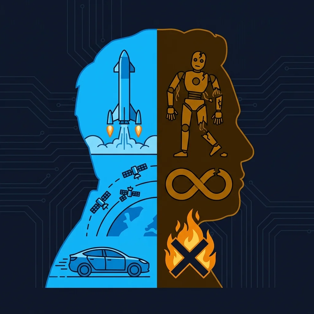 イーロン・マスクの二面性 — 左半分に実績(ロケット・衛星・EV)、右半分に未達(ロボット・∞・炎上X)