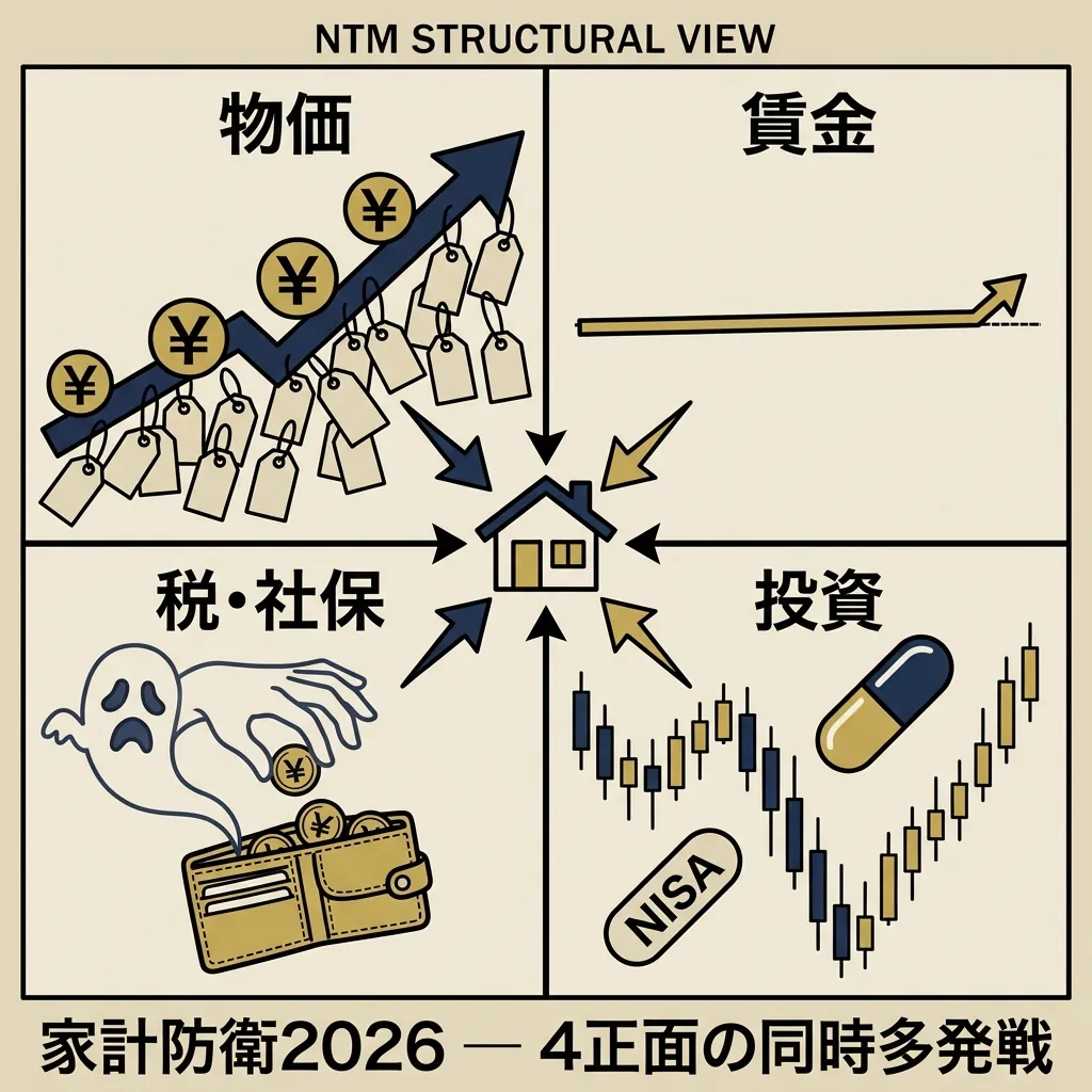 4正面（物価／賃金／税・社保／投資）から家計に押し寄せる圧力の構造図