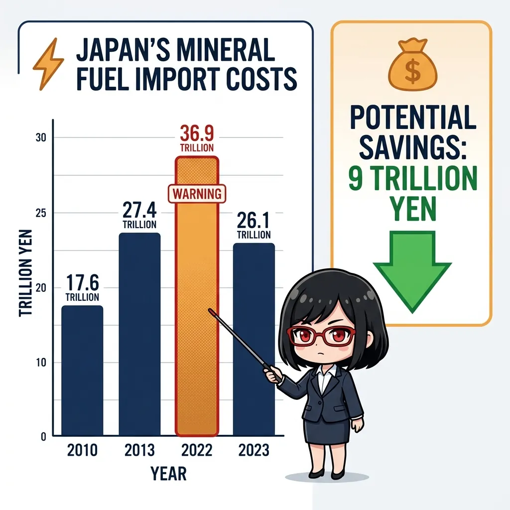 日本の鉱物性燃料輸入額推移と2030年削減試算の比較インフォグラフィック