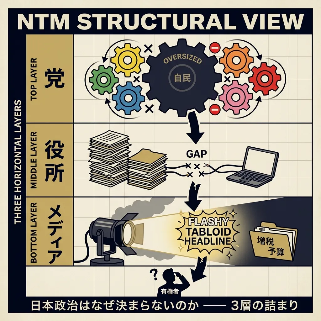 党・役所・メディアの3層が同時に詰まっている構造図。各層の詰まりが下層へ連鎖し、有権者は判断材料を失う
