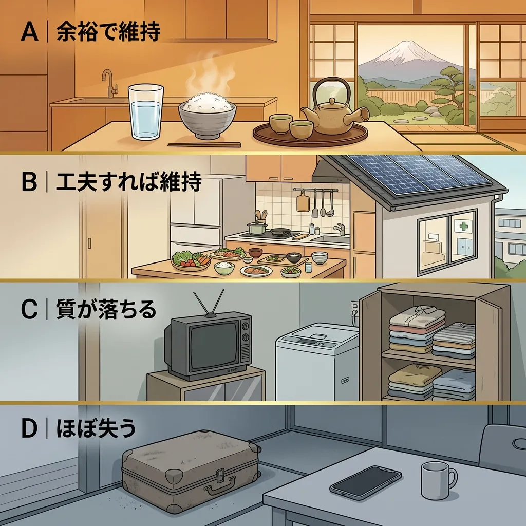 生活水準レイヤーの縦断面図。A（余裕で維持）／B（工夫で維持）／C（質が落ちる）／D（ほぼ失う）の4層が可視化される