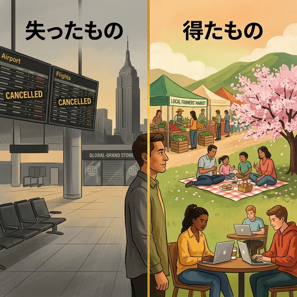 失ったもの（国際空港・グローバル企業・海外ブランド）と得たもの（地域市場・家族時間・地方経済）の対比。分岐点に立つ一人の人物