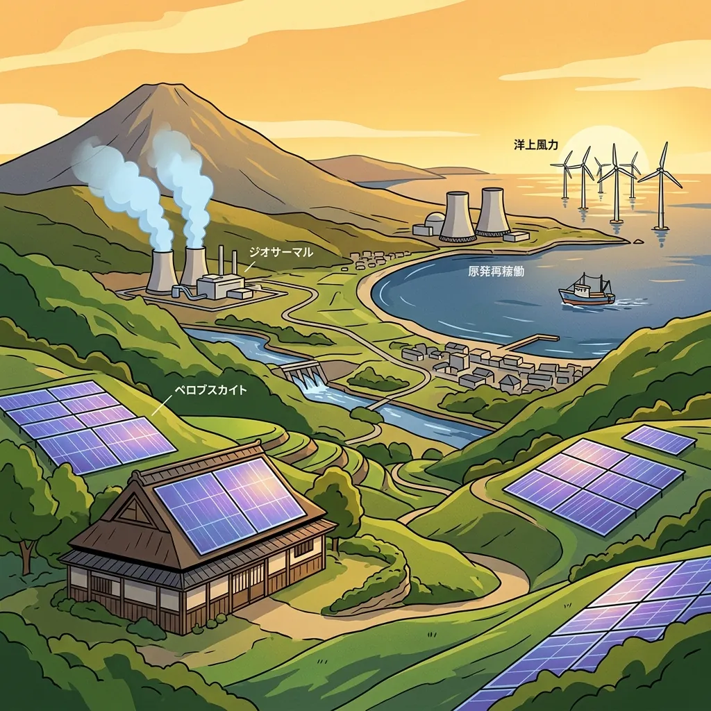ペロブスカイト太陽電池・洋上風力・地熱・原発が共存する日本のエネルギー景観。鎖国圧力下で商用化が加速した