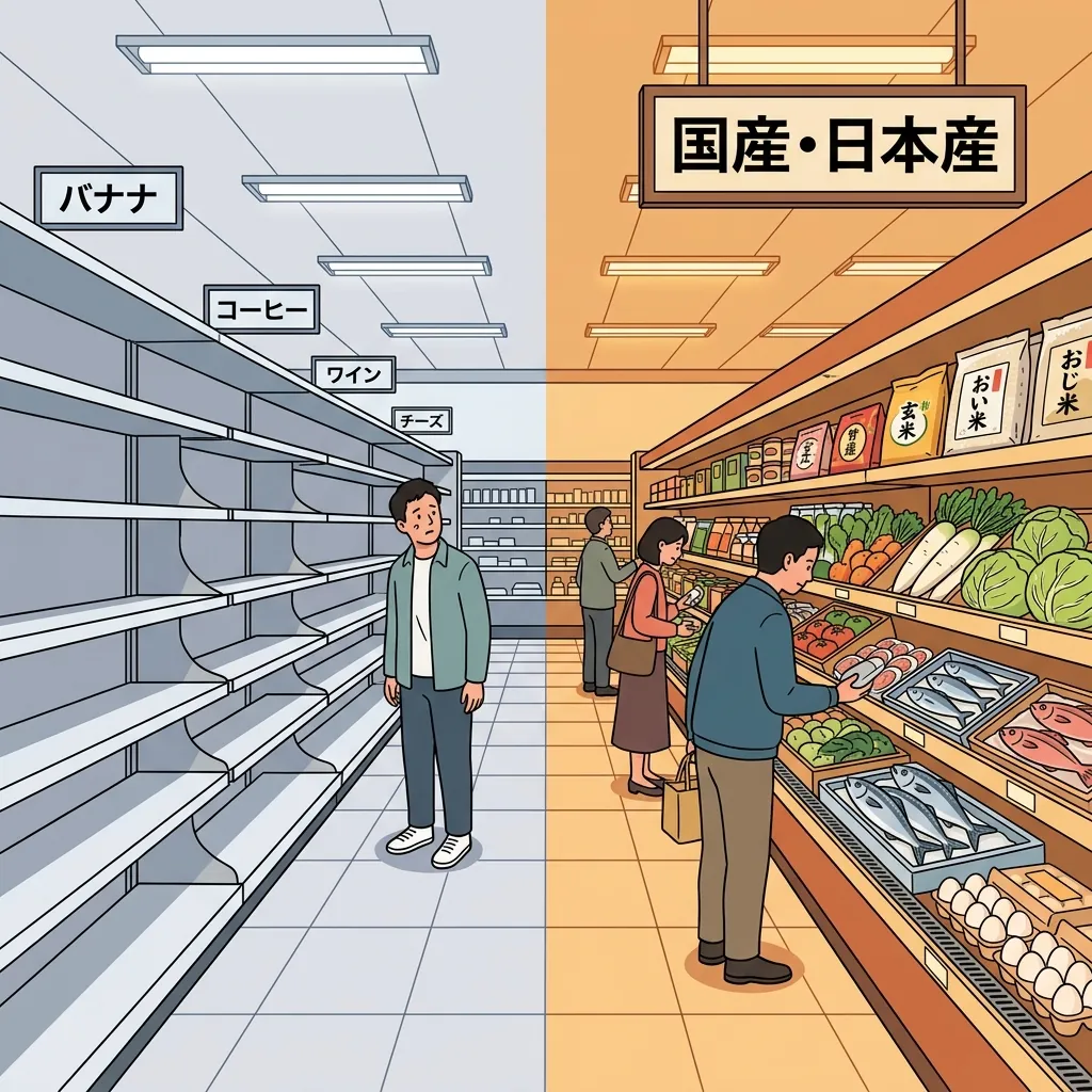 発令から12時間、輸入品棚だけが空になったスーパーマーケット。国産米・野菜・魚の棚は平常運転