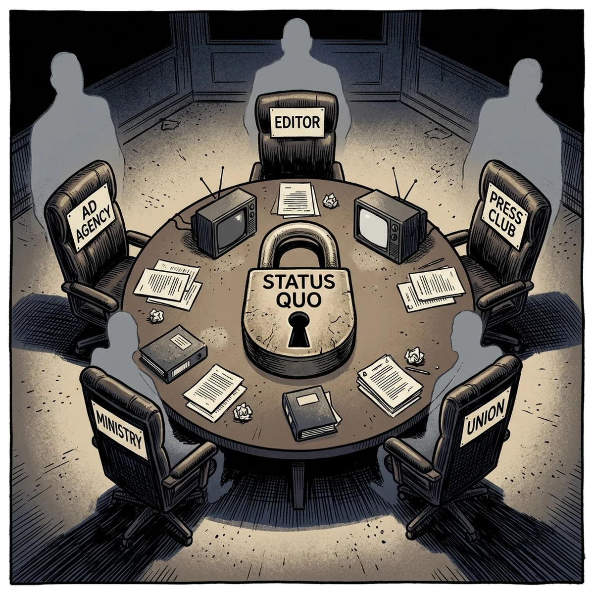 5つの椅子が円卓を囲み、中央には「STATUS QUO」の南京錠。誰も座っていない椅子の背後には、各役職を象徴する5つのシルエット。