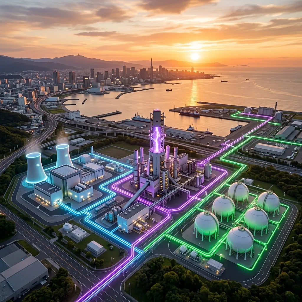 SMR×プラズマ×水素 統合エネルギー施設 — 日本の沿岸都市近郊に建設された統合複合施設の俯瞰イメージ