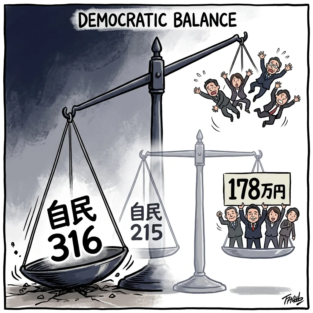 天秤メタファー：自民316では野党が宙に浮き、自民215ではトッピングが効く