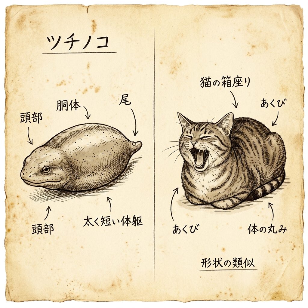 ツチノコ目撃スケッチ vs 香箱座りで大あくびの猫、比較図
