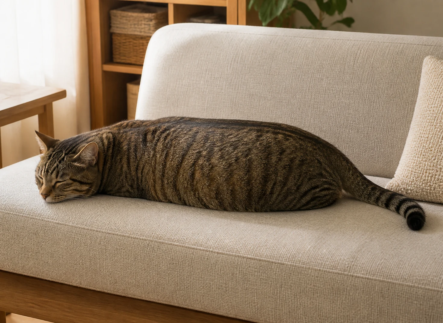 ソファで長く伸びて眠る、いわゆるツチノコ寝の猫