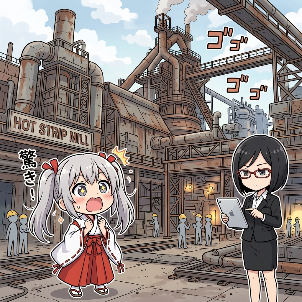 ホットストリップミルを前に驚くaikoと解説するsa-tan