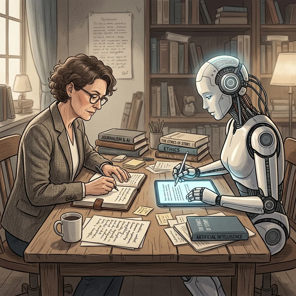 AIと人間のジャーナリストが向かい合って執筆する様子