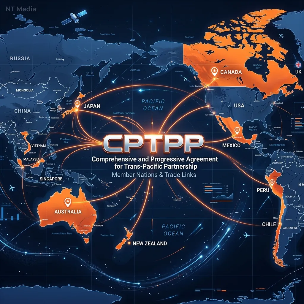 CPTPPの枠組みと日本の役割を示すイラスト